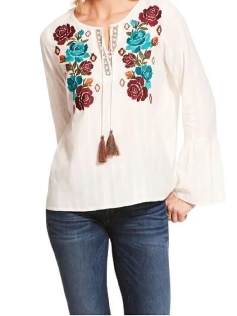 Ariat Boho Western Embroidered Tassel Tie Bell Sleeve Shirt Womens XL